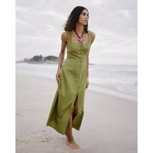 Zara Avocado Green Linen Dress Large Boho Cottagecore